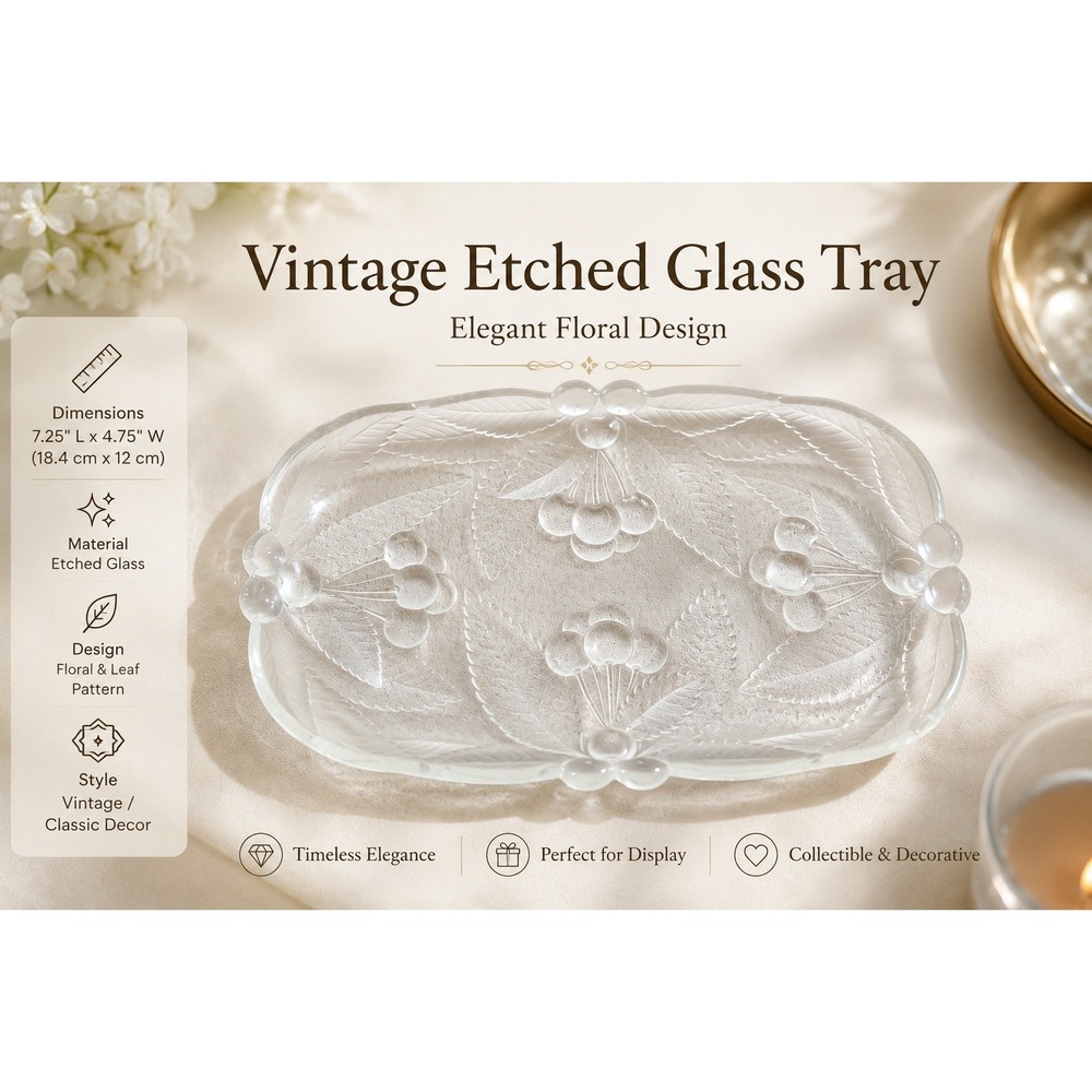 Vintage Frosted Art Glass Tray Cherry Berry Relief French Art Deco Lalique Style
